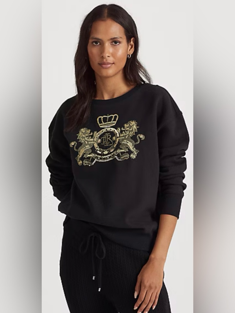 Ralph Lauren Black Crewneck Sweater with Gold Crest Embroidery, Size Small